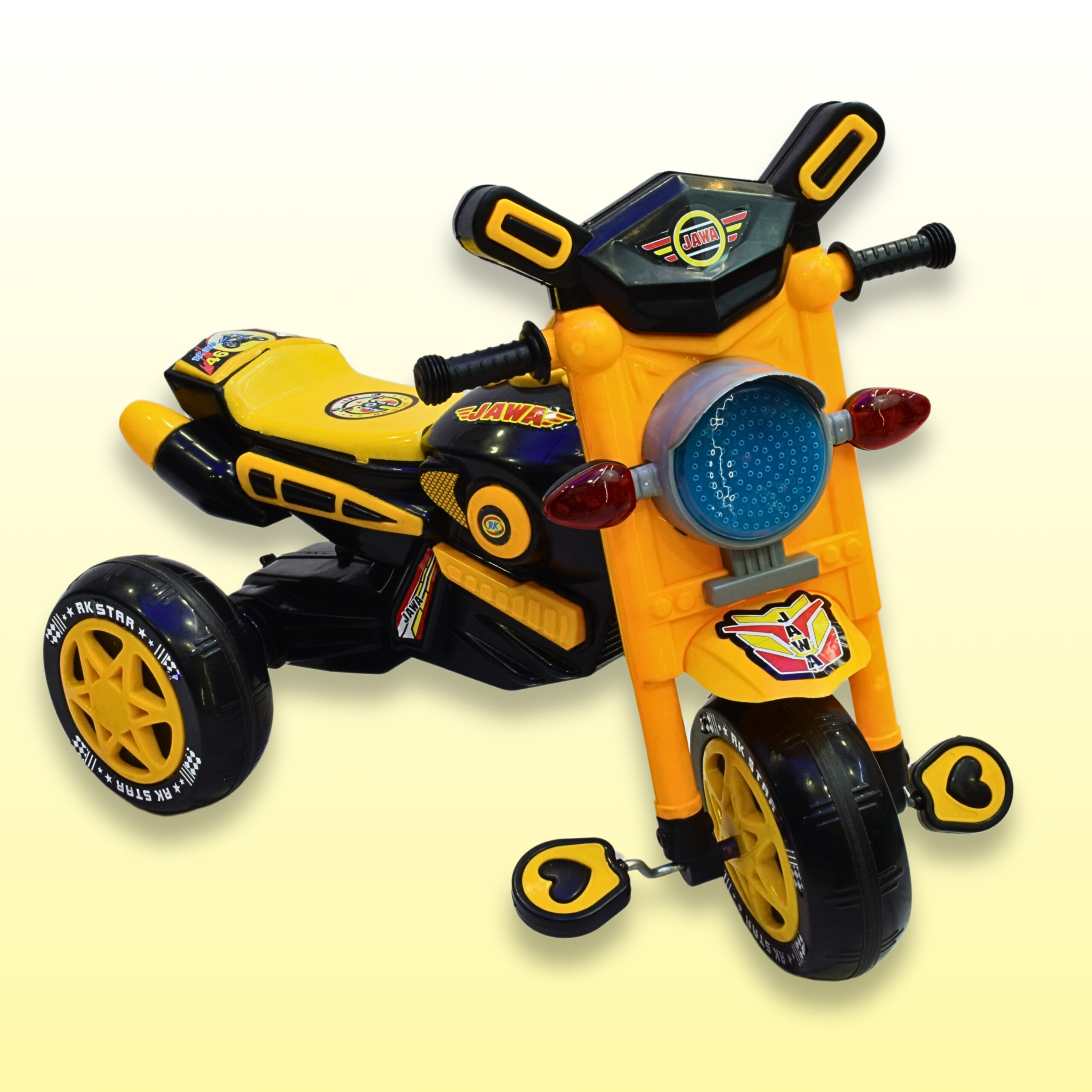 Home Vibrant yellow and black kids' ride-on tricycle designed with a sporty motorcycle aesthetic, featuring a front windshield, broad textured tires, and a comfortable black seat.