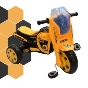 A vibrant yellow and black kids' baby tricycle designed with a sleek motorcycle aesthetic, featuring broad wheels, a clear front windshield, and an ergonomic seat with back support.