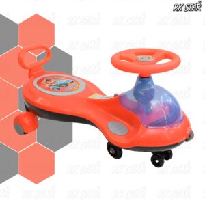 Red and blue RK Star kids magic wiggle car with an ergonomic orange steering wheel on a geometric